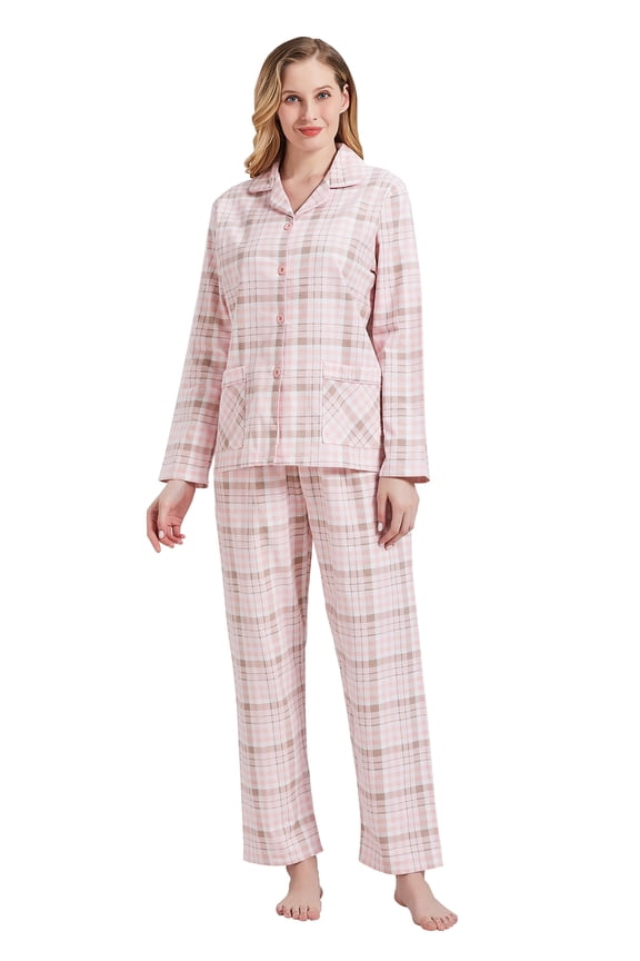 Women's 100% Cotton Cozy Flannel Pajama Set - Long Sleeve Button-Up Top with Elastic Waist Pants, Warm & Soft Sleepwear, Flesh pink plaid, XL
