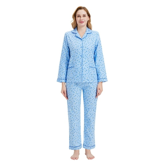 GLOBAL 100% Cotton Comfy Flannel Pajamas for Women 2-Piece Warm and Cozy Pj Set of Loungewear Button Front Top Pants