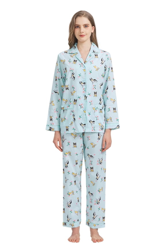 100% Cotton Pajamas for Women Notch Collar Pjs Cozy Button Down Homewear with Pockets, Spring & Summer, 2-Piece, Sizes S to 3X