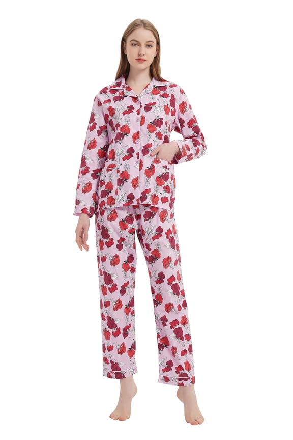 Womens 100% Cotton Notch Collar Pajama Set Homewear with Pockets, Spring & Summer, 2-Piece, Sizes S to 3X