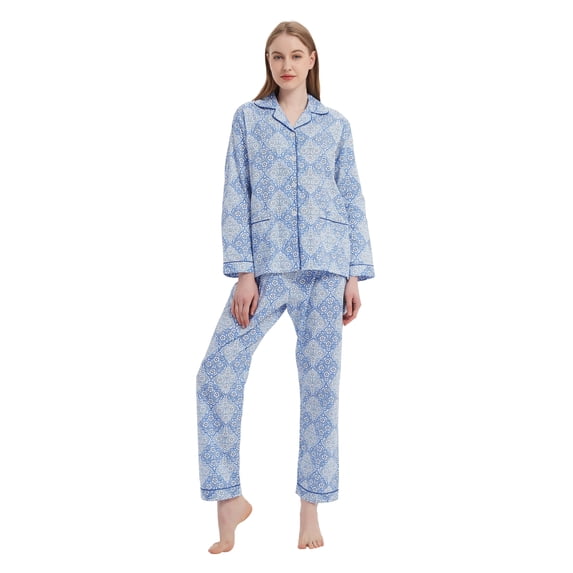 GLOBAL Womens 100% Cotton Notch Collar Pajama Set Homewear with Pockets, Spring & Summer, 2-Piece, Sizes S to 3X