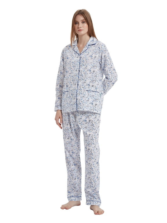 Womens 100% Cotton Notch Collar Pajama Set Homewear with Pockets, Spring & Summer, 2-Piece, Sizes S to 3X