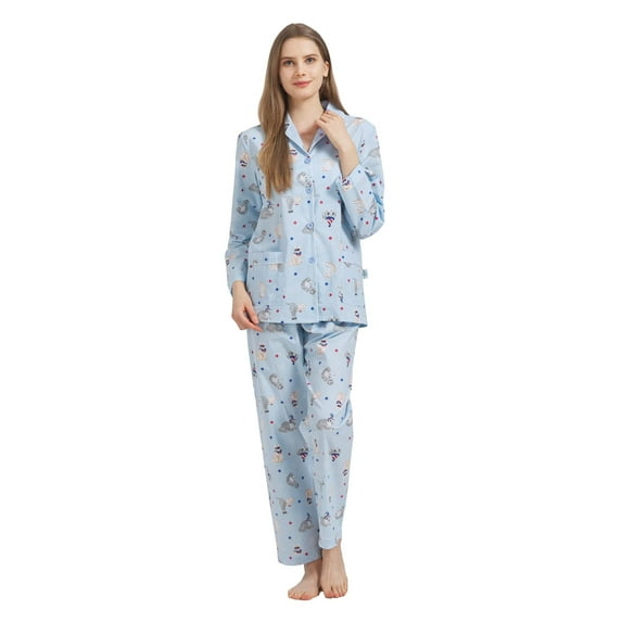 GLOBAL 100% Cotton Pajamas for Women Notch Collar Pjs Cozy Button Down Homewear with Pockets, Spring & Summer, 2-Piece, Sizes S to 3X