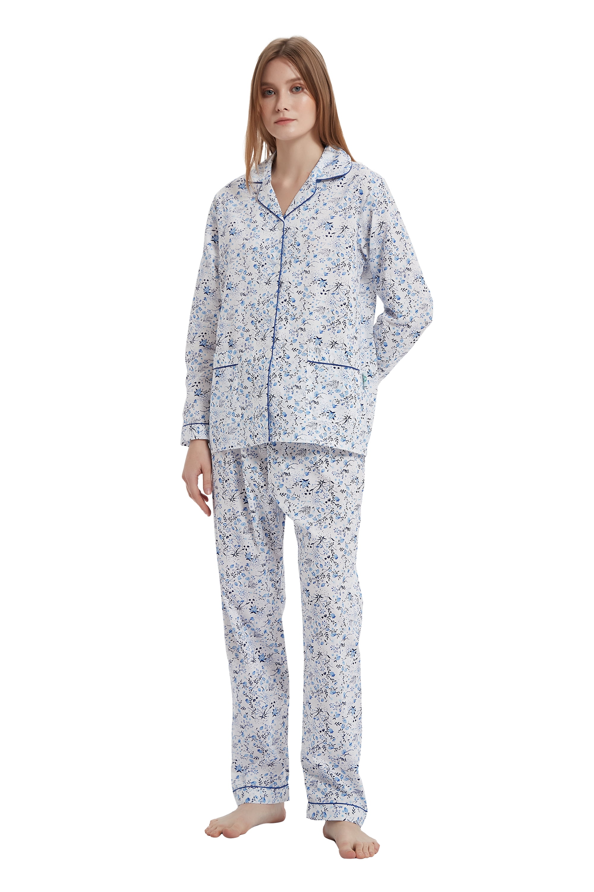 GLOBAL 100% Cotton Pajamas for Women Notch Collar Pjs Cozy Button Down ...