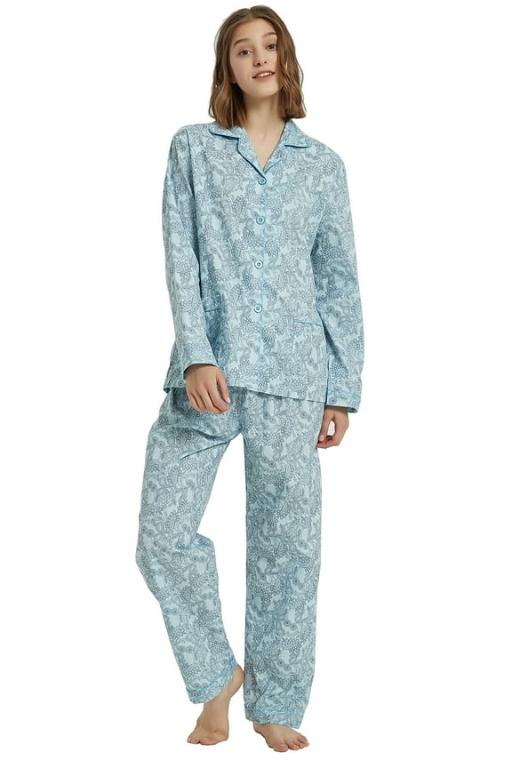 100% Cotton Pajamas for Women Notch Collar Pjs Cozy Button Down Homewear with Pockets, Spring & Summer, 2-Piece, Sizes S to 3X