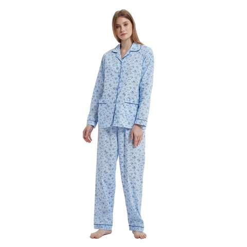Womens 100% Cotton Notch Collar Pajama Set Homewear with Pockets, Spring & Summer, 2-Piece, Sizes S to 3X