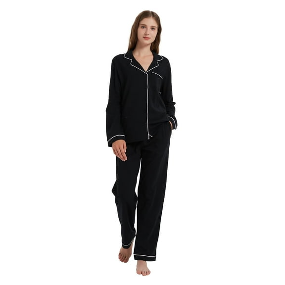 GLOBAL 100% Cotton Pajamas for Women Set Long Sleeve Button Down Sleepwear Soft Pjs Kint Lounge Sets with Pockets Black L