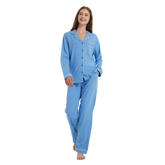 GLOBAL 100% Cotton Pajamas for Women Set Long Sleeve Button Down Sleepwear Soft Pjs Kint Lounge Sets with Pockets Light Blue XL