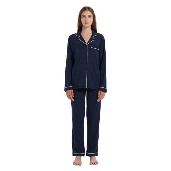 GLOBAL 100% Cotton Pajamas for Women Set Long Sleeve Button Down Sleepwear Soft Pjs Kint Lounge Sets with Pockets Navy Blue S