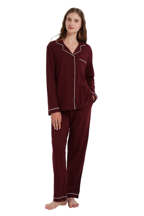 100% Cotton Pajamas for Women Set Long Sleeve Button Down Sleepwear Soft Pjs Kint Lounge Sets with Pockets Wine Red L