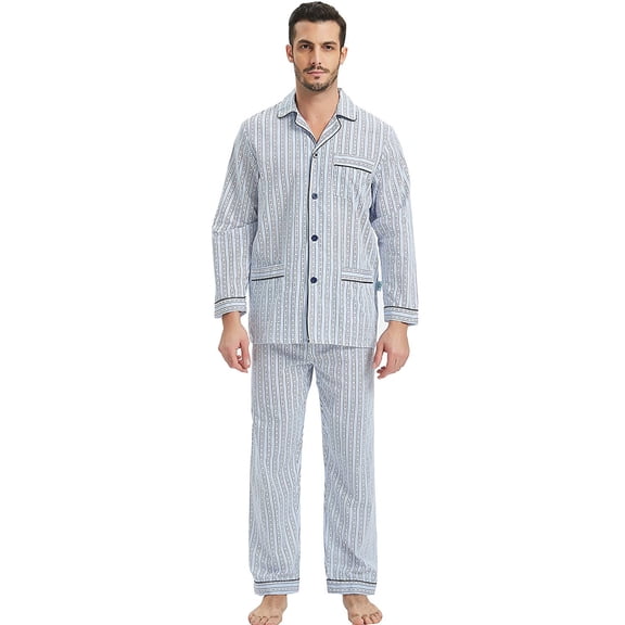 GLOBAL Men 100% Cotton Pajama Set For Men Lightweight Soft Nightwear Long Sleeves PJS With Pockets