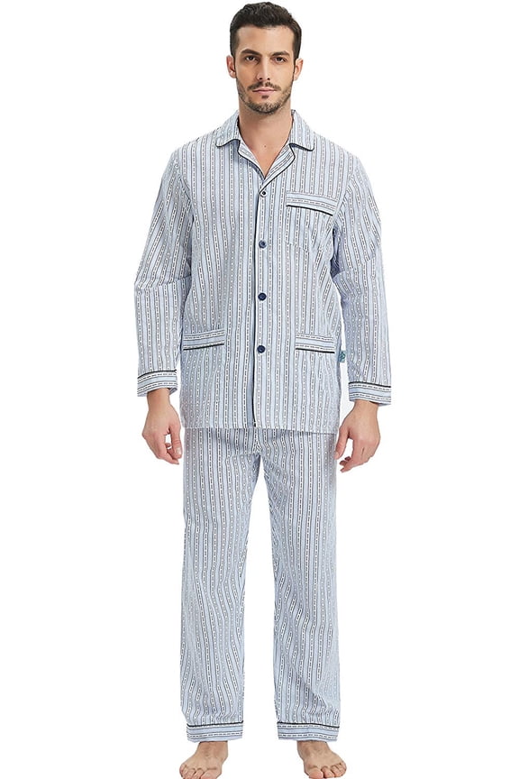 Men 100% Cotton Pajama Set For Men Lightweight Soft Nightwear Long Sleeves PJS With Pockets