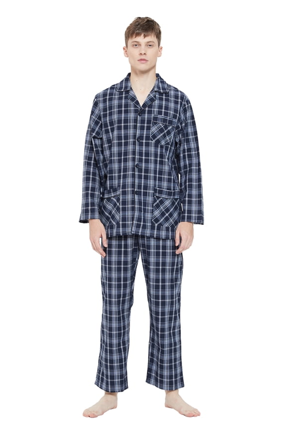 Men 100% Cotton Pajama Set For Men Lightweight Soft Nightwear Long Sleeves PJS With Pockets