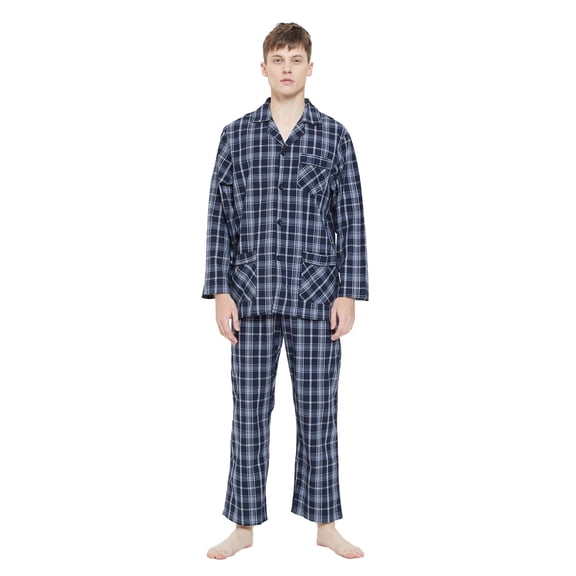 GLOBAL Men 100% Cotton Pajama Set For Men Lightweight Soft Nightwear Long Sleeves PJS With Pockets