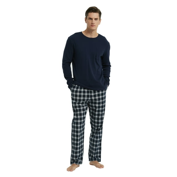 GLOBAL Men 100% Cotton Pajama Set For Men Lightweight Soft Nightwear Long Sleeves PJS With Pockets