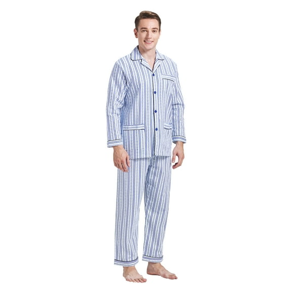 GLOBAL Men 100% Cotton Pajama Set For Men Lightweight Soft Nightwear Long Sleeves PJS With Pockets