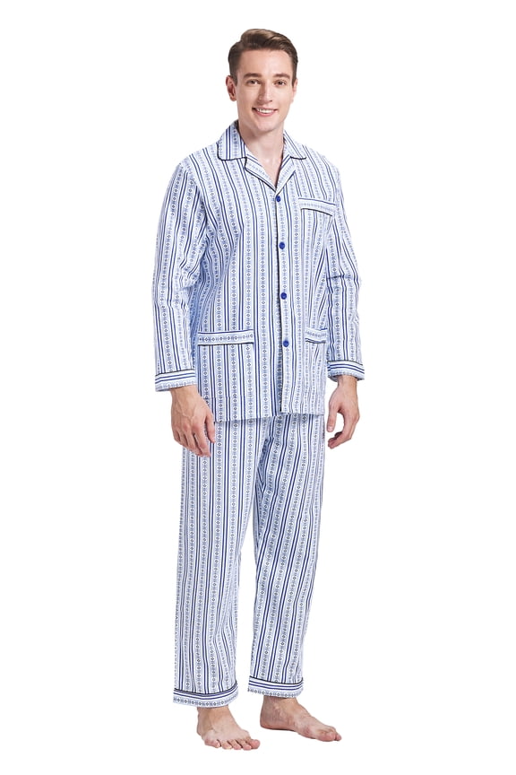 Men 100% Cotton Pajama Set For Men Lightweight Soft Nightwear Long Sleeves PJS With Pockets