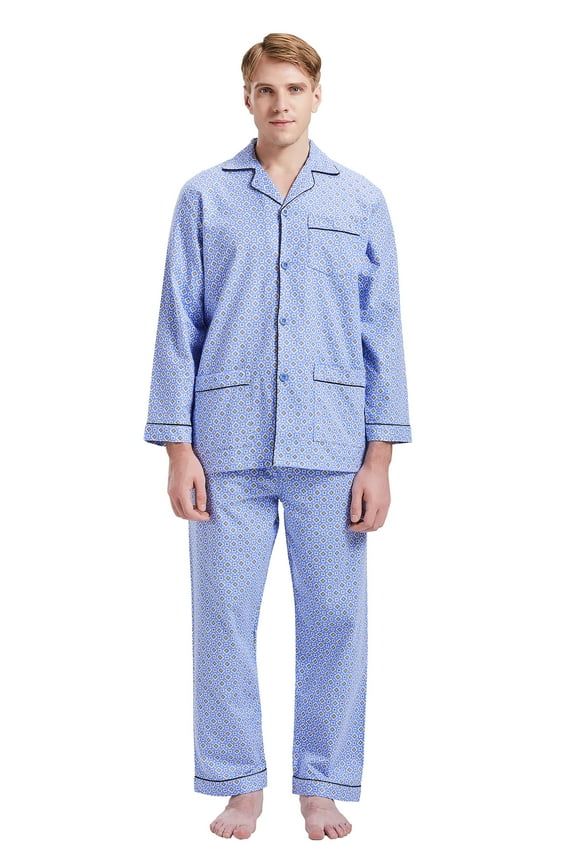 Men 100% Cotton Pajama Set For Men Lightweight Soft Nightwear Long Sleeves PJS With Pockets