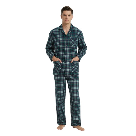 GLOBAL Men 100% Cotton Pajama Set For Men Lightweight Soft Nightwear Long Sleeves PJS With Pockets