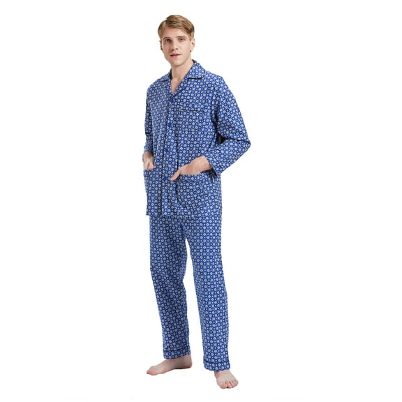 GLOBAL Men 100% Cotton Pajama Set For Men Lightweight Soft Nightwear Long Sleeves PJS With Pockets