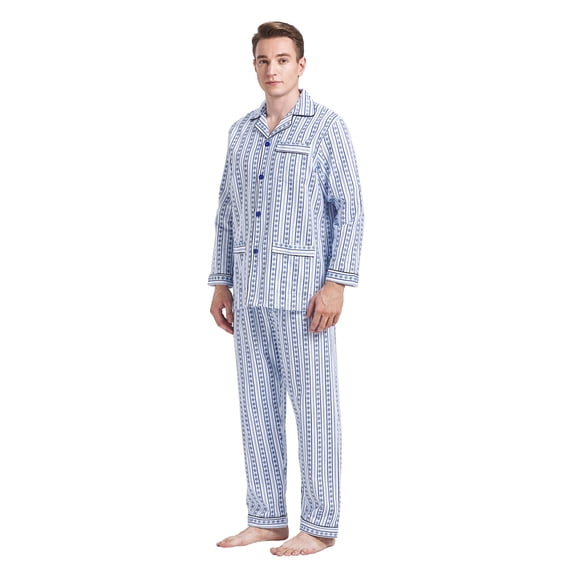 GLOBAL Men 100% Cotton Pajama Set For Men Lightweight Soft Nightwear Long Sleeves PJS With Pockets
