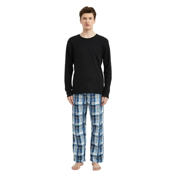 GLOBAL Men 100% Cotton Pajama Set For Men Lightweight Soft Nightwear Long Sleeves PJS With Pockets