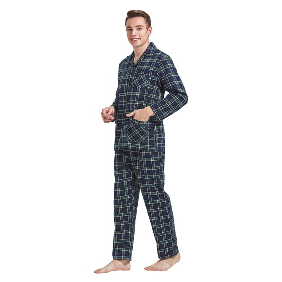 GLOBAL Men 100% Cotton Pajama Set For Men Lightweight Soft Nightwear Long Sleeves PJS With Pockets