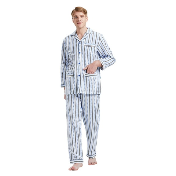 GLOBAL Men 100% Cotton Pajama Set For Men Lightweight Soft Nightwear Long Sleeves PJS With Pockets
