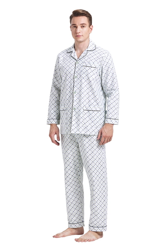 Men 100% Cotton Pajama Set For Men Lightweight Soft Nightwear Long Sleeves PJS With Pockets