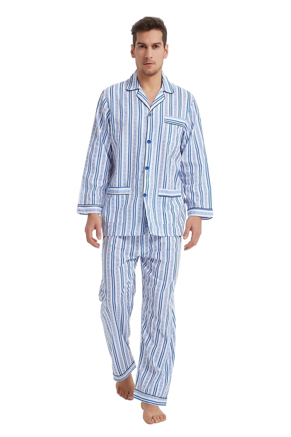 Men 100% Cotton Pajama Set For Men Lightweight Soft Nightwear Long Sleeves PJS With Pockets