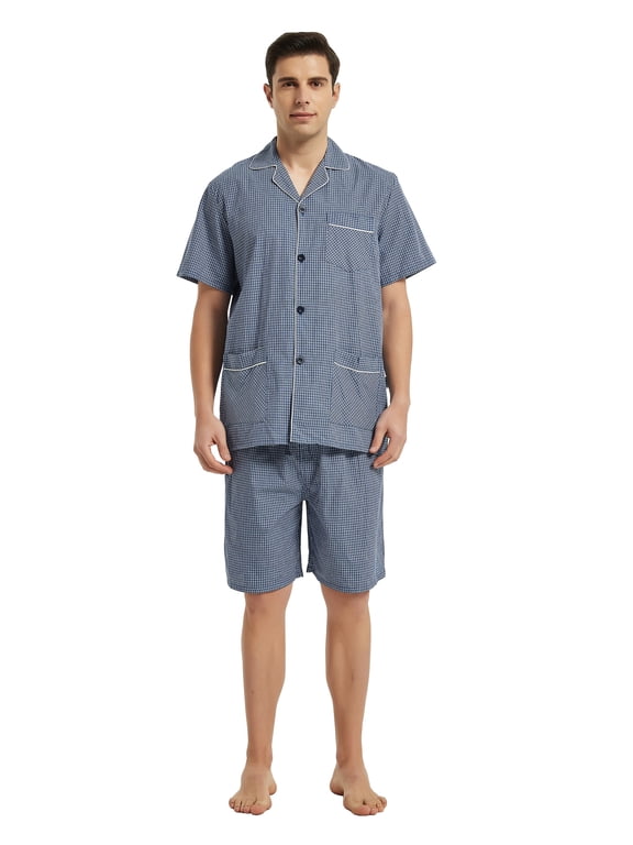 Men’s Cotton Short Sleeve and Shorts Yarn Pajama Set, Summer Soft Classic Plaid Loungewear with Pockets, Sizes S