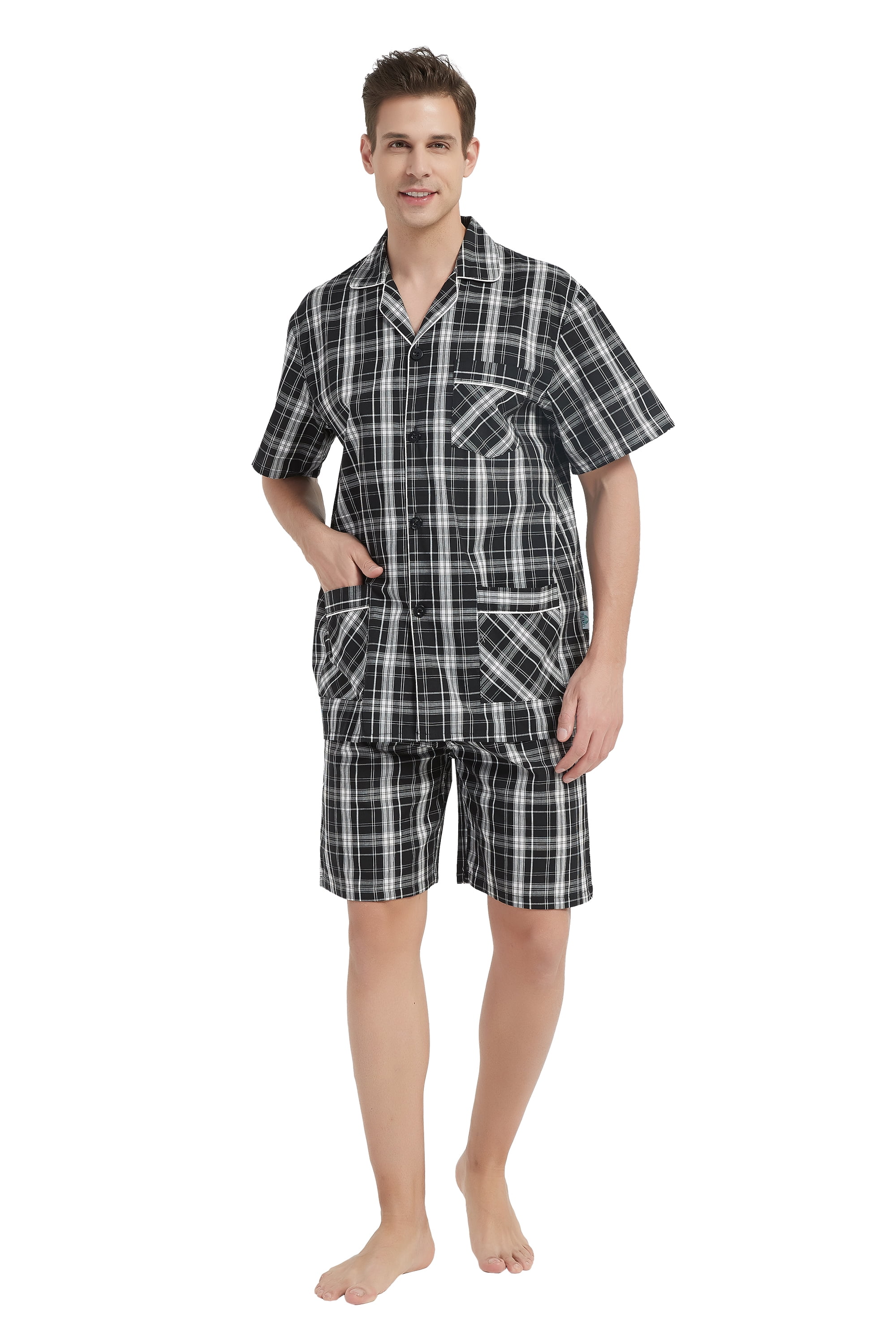 GLOBAL Men’s Cotton Short Sleeve and Shorts Yarn Pajama Set, Summer ...