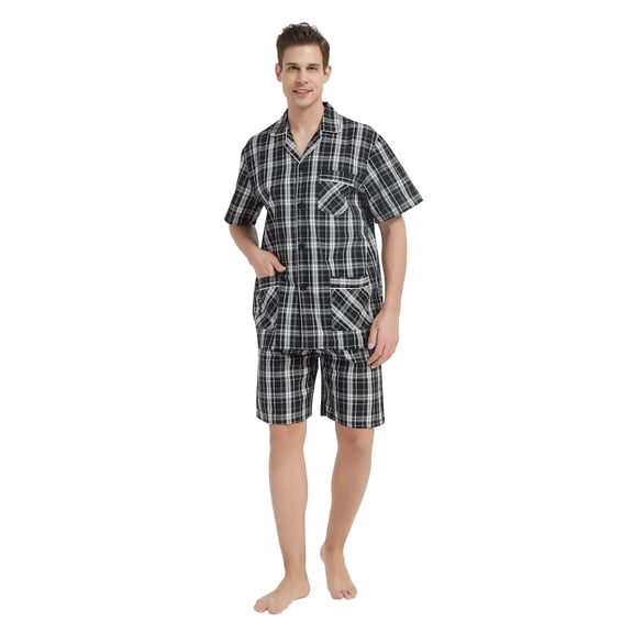 GLOBAL Men’s Cotton Short Sleeve and Shorts Yarn Pajama Set, Summer Soft Classic Plaid Loungewear with Pockets, Sizes M