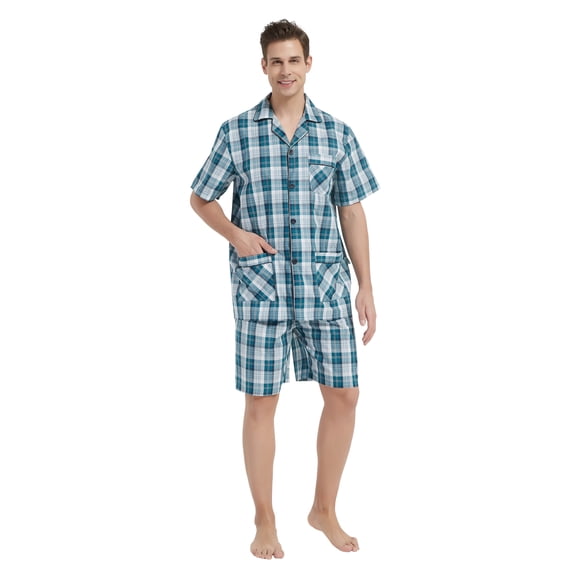 GLOBAL Men’s Cotton Short Sleeve and Shorts Yarn Pajama Set, Summer Soft Classic Plaid Loungewear with Pockets, Sizes L