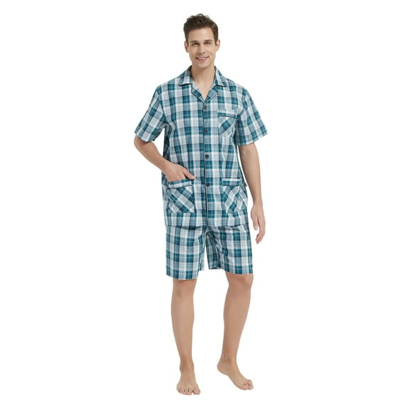 GLOBAL Men’s Cotton Short Sleeve and Shorts Yarn Pajama Set, Summer Soft Classic Plaid Loungewear with Pockets, Sizes XL