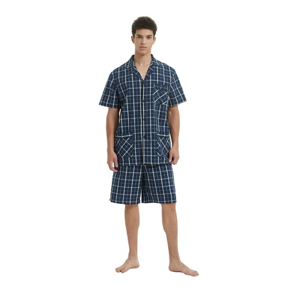 GLOBAL Men’s Cotton Short Sleeve and Shorts Yarn Pajama Set, Summer Soft Classic Plaid Loungewear with Pockets, Sizes M