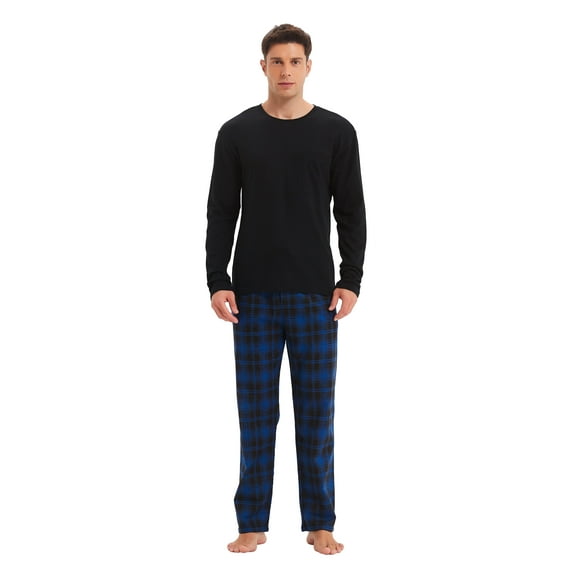 GLOBAL Men's 100% Cotton 2-Piece Flannel Pajama Sets - Crew Neck Knit Top Flannel Pants (S-3XL) | Soft, Breathable Sleepwear for Men