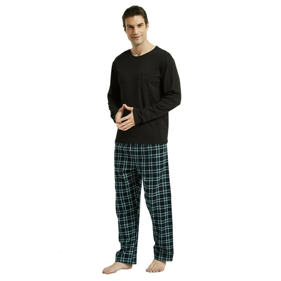GLOBAL Men's 100% Cotton 2-Piece Flannel Pajama Sets - Crew Neck Knit Top Flannel Pants (S-XXL) | Soft, Breathable Sleepwear for Men
