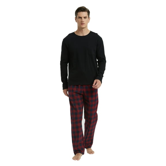 GLOBAL Men's 100% Cotton 2-Piece Flannel Pajama Sets - Crew Neck Knit Top Flannel Pants (S-XXL) | Soft, Breathable Sleepwear for Men