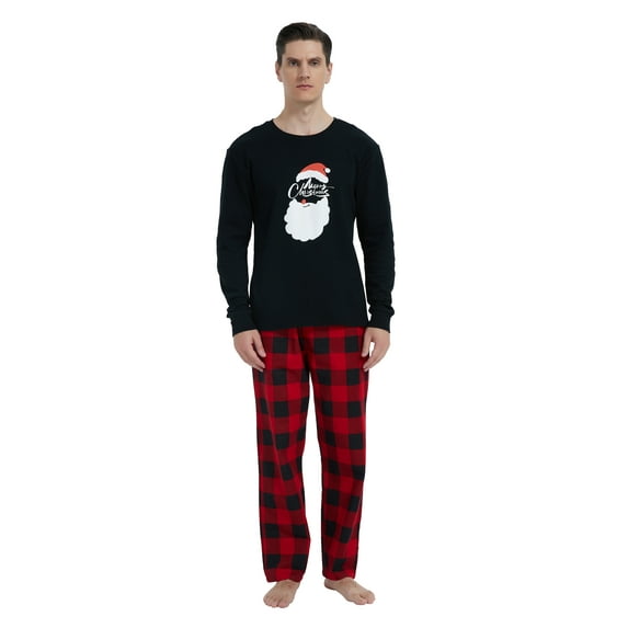 GLOBAL Men's Cotton Knit Top Flannel Pants Sleepwear Matching Pajamas for Couple Pjs for Family, Size S-3XL