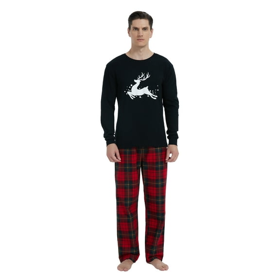 GLOBAL Men's Cotton Knit Top Flannel Pants Sleepwear Matching Pajamas for Couple Pjs for Family, Size S-3XL