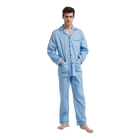 GLOBAL Men's 100% Cotton Long Sleeve Pajama Set, Breathable Lightweight Button Down Nightwear with Pants, S-3XL