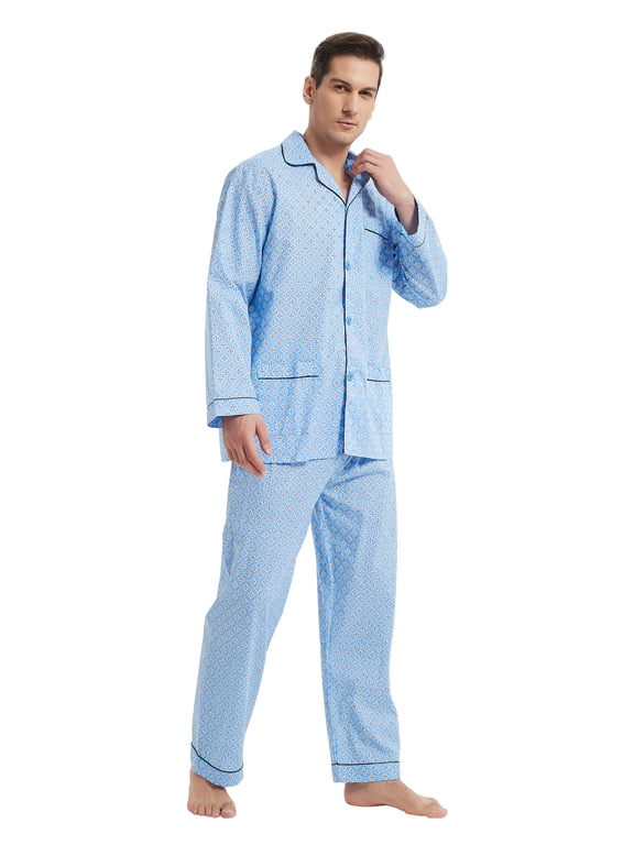 Men's 100% Cotton Long Sleeve Pajama Set, Breathable Lightweight Button Down Nightwear with Pants, S-3XL