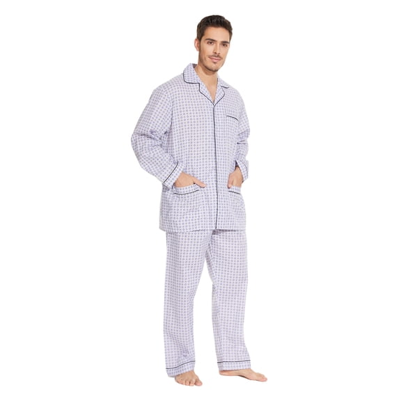 GLOBAL Mens 100% Cotton Long Sleeve Pajama Set, Breathable Lightweight Button Down Nightwear with Pants, S-3XL
