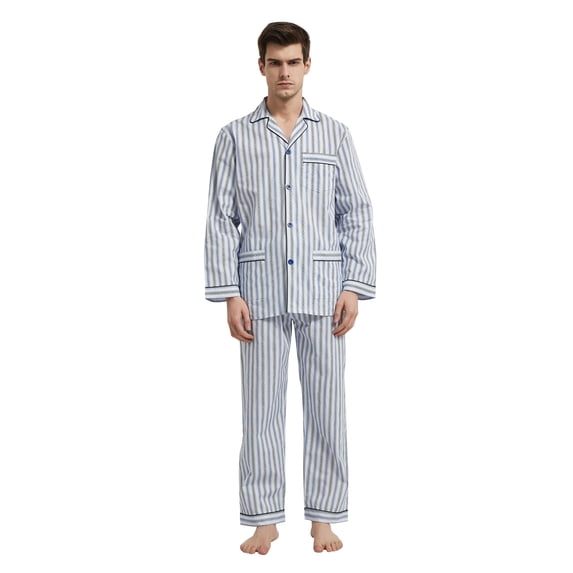 GLOBAL Men's 100% Cotton Long Sleeve Pajama Set, Breathable Lightweight Button Down Nightwear with Pants, S-3XL