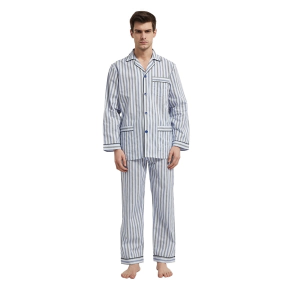 GLOBAL Mens 100% Cotton Long Sleeve Pajama Set, Breathable Lightweight Button Down Nightwear with Pants, S-3XL