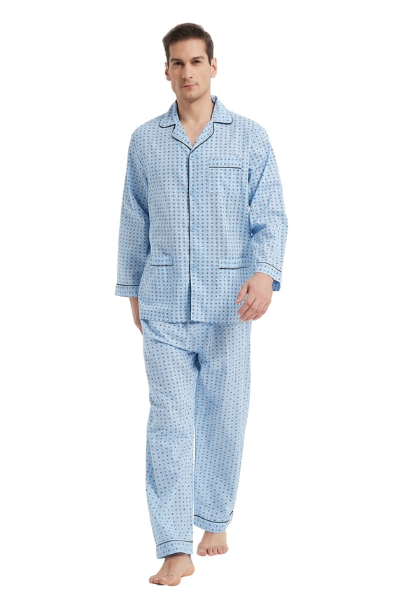 Mens 100% Cotton Long Sleeve Pajama Set, Breathable Lightweight Button Down Nightwear with Pants, S-3XL