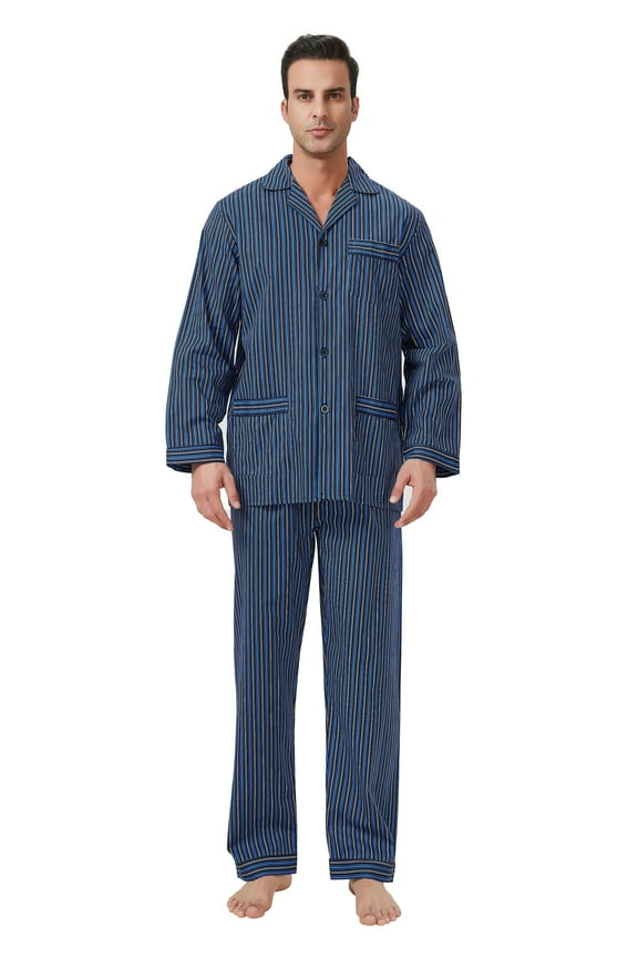Men's Cotton Notch Collar Pajama Set with Pockets, 2-Piece, Sizes S to 3XL