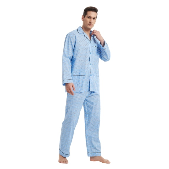 GLOBAL Mens 100% Cotton Pajamas Set Woven Drawstring Sleepwear Set with Top and Pants/Bottoms, 2-Piece Set, Size S
