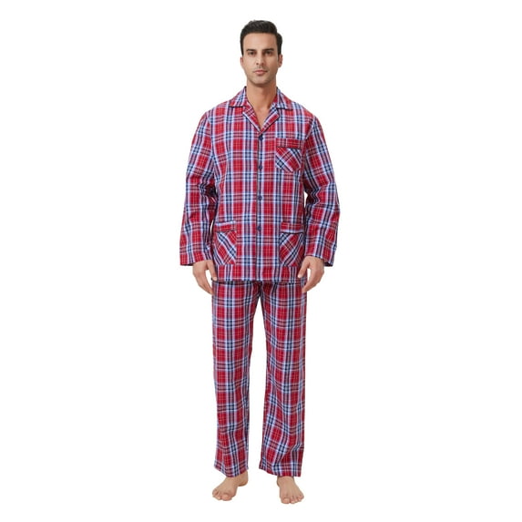 GLOBAL Mens Yarn Pajama Set 100% Cotton, Long Sleeve Button Down PJ Set for Men Plaid Men's Sleepwear, Sizes S-3XL